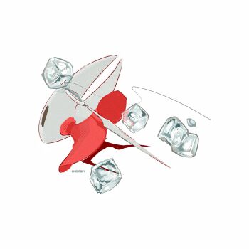 1girl arthropod_girl artist_name ben-day_dots black_eyes cloak commentary film_grain from_behind from_side full_body highres hightguy hollow_knight hollow_knight:_silksong hornet_(hollow_knight) horns ice ice_cube needle_(hollow_knight) red_cloak screentones simple_background solo symbol-only_commentary thread weapon weapon_on_back white_background