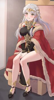 1girl amayo_thranana bare_legs black_dress blush breasts brown_eyes cape circlet commentary_request commission dress fire_emblem fire_emblem:_radiant_dawn fire_emblem_heroes fur-trimmed_cape fur_trim grin high_heels highres indoors jewelry large_breasts long_hair long_sleeves looking_at_viewer micaiah_(fire_emblem) micaiah_(radiant_queen)_(fire_emblem) nintendo official_alternate_costume pelvic_curtain red_cape ring skeb_commission smile solo yellow_eyes