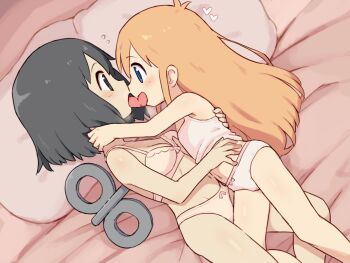 2girls age_difference bed_sheet black_eyes black_hair blue_eyes bob_cut bow bow_panties bra breasts camisole chiwino cleavage couple cuddling flat_chest french_kiss from_above grabbing_another's_breast groping heart kiss leg_between_thighs loli long_hair lying multiple_girls nichijou on_bed on_side onee-loli orange_hair panties pillow pink_bra pink_camisole pink_panties pink_trimmed_panties professor_shinonome shinonome_nano short_hair small_breasts tongue tongue_out trimmed_panties underwear underwear_only white_panties winding_key yuri