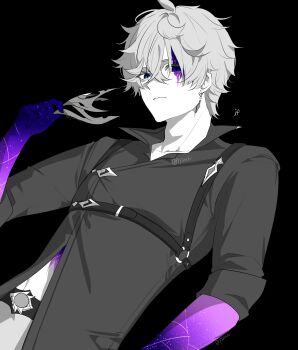 Rule 34 | 1boy, absurdres, belt, black background, closed mouth, collared shirt, commentary, crossed bangs, earrings, english commentary, genshin impact, greyscale, hair between eyes, highres, holding, holding mask, jewelry, male focus, mask, monochrome, p2nxiv, shirt, single earring, solo, tartaglia (genshin impact), vision (genshin impact), watermark