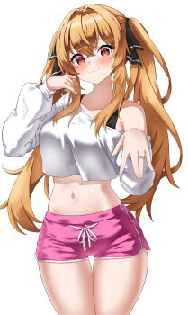 Rule 34 | 1girl, :3, absurdres, bra strap, breasts, closed mouth, collarbone, cowboy shot, crop top, crop top overhang, drawstring, girls' frontline, hair ribbon, highres, hoppo (waht b), jewelry, large breasts, long hair, long sleeves, looking at viewer, midriff, navel, off shoulder, orange hair, pink shorts, red eyes, ribbon, ring, shirt, short shorts, shorts, simple background, single bare shoulder, smile, solo, stomach, thigh gap, thighs, twintails, ump9 (girls' frontline), white background, white shirt