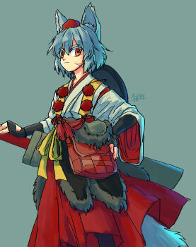 1girl alternate_costume animal_ear_fluff animal_ears black_gloves closed_mouth commentary_request doggo_1d34 fingerless_gloves gloves grey_hair hand_on_own_hip hat highres inubashiri_momiji japanese_clothes kimono looking_at_viewer pom_pom_(clothes) red_hat red_skirt sheath sheathed short_hair signature simple_background skirt solo sword tail tokin_hat touhou weapon white_kimono wolf_ears wolf_girl wolf_tail