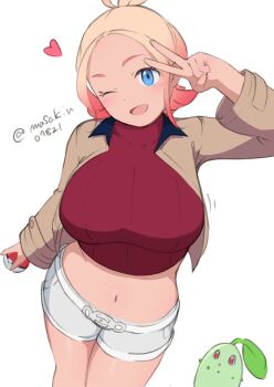 1girl belt blonde_hair blue_eyes brown_jacket chikorita crop_top cropped_jacket gen_2_pokemon hair_up heart holding holding_poke_ball jacket masakin navel nintendo one_eye_closed open_clothes open_jacket open_mouth poke_ball pokemon pokemon_legends:_z-a red_sweater short_shorts shorts smile solo standing sweater taunie_(pokemon) twitter_username v v_over_eye white_background white_shorts wink