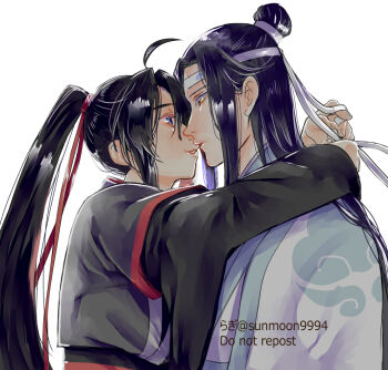 2boys ahoge bishounen black_hair black_hanfu black_sash blue_eyes blue_sash blush chinese_clothes commentary_request couple eye_contact face-to-face from_side hair_ribbon hanfu headband high_ponytail holding holding_ribbon hug imminent_kiss lan_wangji long_hair long_sleeves looking_at_another male_focus modao_zushi multiple_boys parted_lips ponytail profile red_ribbon red_sash ribbon robe sash side_ponytail sidelocks simple_background smile sunmoon9994 topknot twitter_username upper_body watermark wei_wuxian white_background white_hanfu white_headband white_ribbon wide_sleeves xiao_guan_(headdress) yaoi yellow_eyes