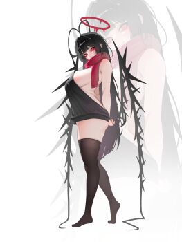 Rule 34 | 1girl, alternate costume, antenna hair, backless dress, backless outfit, bare arms, bare legs, bare shoulders, black hair, black sweater, black thighhighs, blood, blood halo, blue archive, blush, breasts, closed mouth, commentary request, dress, full body, halo, highres, korean commentary, large breasts, liquid halo, long hair, looking at viewer, musclexm, naked sweater, red eyes, red halo, red scarf, scarf, sideboob, simple background, skindentation, sleeveless, sleeveless sweater, smile, solo, standing, sweater, sweater dress, thighhighs, tsurugi (blue archive), very long hair, virgin killer sweater, white background, wings