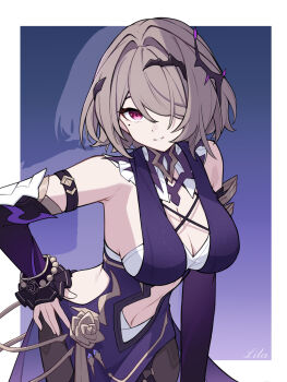 1girl absurdres artist_name black_pantyhose border bra breasts brown_hair chinese_commentary cleavage clothing_cutout commentary_request detached_sleeves dress hair_ornament highres honkai_(series) honkai_impact_3rd large_breasts looking_at_viewer mole mole_under_eye navel navel_cutout pantyhose purple_background purple_dress purple_eyes rita_rossweisse rita_rossweisse_(miss_espionage) short_hair smile solo underwear white_border white_bra xixuan_z