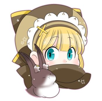 Rule 34 | 1girl, arch bishop (ragnarok online), blonde hair, blue eyes, blunt bangs, blush, brown hat, brown scarf, commentary request, covered mouth, hat, looking at viewer, oekakipikki, portrait, rabbit, ragnarok online, scarf, simple background, solo, white background