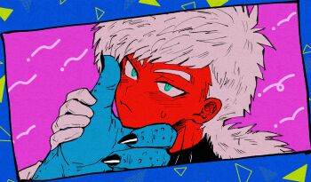 Rule 34 | 2boys, abstract background, armor, black nails, blue background, blue skin, blush, burter, closed mouth, colored skin, dithering, dragon ball, dragonball z, fingernails, furrowed brow, gloves, green eyes, holding hands, jeice, long hair, looking at another, looking up, multiple boys, pink background, red skin, saiyan armor, size difference, squiggle, sweatdrop, triangle, user vxjf4534, white gloves, white hair, yaoi