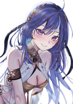 0_tsunamayo_0 1girl absurdres ahoge alternate_hairstyle ancient_greek_clothes armlet bare_shoulders blue_eyes blue_hair blush breasts cleavage commentary greco-roman_clothes highres iuno_(wuthering_waves) jewelry laurel_crown long_hair looking_at_viewer medium_breasts multicolored_hair parted_lips simple_background smile solo streaked_hair white_background wuthering_waves