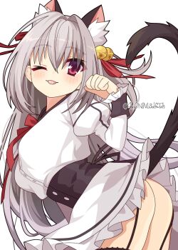 1girl 4rion ;p absurdres animal_ear_fluff animal_ears ass bell black_corset black_sailor_collar black_thighhighs blush breasts cat_ears cat_girl cat_tail clothes_lift commentary corset cowboy_shot dracu-riot! elena_olegovna_owen extra_ears eyes_visible_through_hair floating_hair frilled_skirt frilled_sleeves frills from_side garter_straps grey_hair hair_bell hair_between_eyes hair_intakes hair_ornament hair_ribbon hand_up highres jingle_bell juliet_sleeves kemonomimi_mode lifting_own_clothes long_hair long_sleeves looking_at_viewer medium_breasts one_eye_closed paw_pose puffy_sleeves red_eyes red_ribbon ribbon sailor_collar school_uniform serafuku shirt sidelocks simple_background skirt skirt_lift solo tail tail_raised thighhighs tongue tongue_out twitter_username very_long_hair white_background white_serafuku white_shirt white_skirt