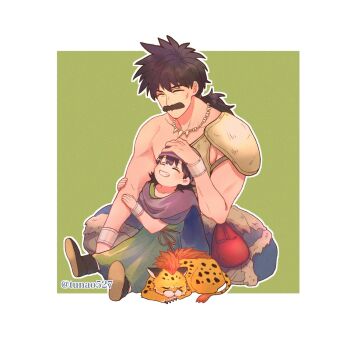2boys aged_down armor black_hair boots border borongo bracelet cape closed_eyes commentary_request dragon_quest dragon_quest_v facial_hair father_and_son full_body great_sabrecub green_background green_tunic grin hand_on_another's_head hero_(dq5) highres indian_style jewelry long_hair low_ponytail male_focus multiple_boys mustache necklace outside_border papas ponytail purple_cape purple_turban shoulder_armor single_bare_shoulder sitting smile tooth_necklace tsunao527 tunic white_border