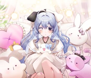 1girl ahoge bandaid black_eyes blue_hair bow cat crossed_bangs dress frilled_dress frills hair_bow hair_intakes hair_ornament heterochromia highres knees_up long_hair looking_at_viewer original parted_lips rabbit stuffed_animal stuffed_toy wavy_hair white_bow white_dress white_eyes yellow_bow yp1091