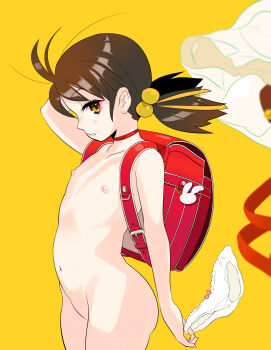 1girl akai_kuro arm_up backpack bag black_hair bow bow_panties choker collarbone female_focus flat_chest hair_bobbles hair_ornament highres holding holding_unworn_clothes holding_panties holding_underwear holding_unworn_clothes kaai_yuki kyoufuu_all_back_(vocaloid) loli long_hair looking_at_viewer navel nipples nude panties parted_lips randoseru shirt short_sleeves standing teeth twintails underwear unworn_panties unworn_shirt vocaloid white_panties white_shirt wind yellow_background yellow_eyes