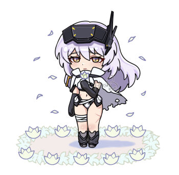 1girl armor bandaged_leg bandaged_stomach bandaged_waist bandages breasts cloak commentary crotch_plate dog_tags english_commentary flower goddess_of_victory:_nikke head-mounted_display hoshiberuu long_hair navel official_alternate_costume official_alternate_design scar scar_on_leg scar_on_stomach scar_on_thighs snow_white_(heavy_arms)_(nikke) snow_white_(nikke) solo torn_cloak torn_clothes visor_(armor) visor_lift white_cloak white_hair yellow_eyes