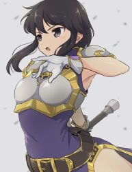 Rule 34 | 1girl, arched back, armor, armpits, belt, black hair, breastplate, fire emblem, fire emblem: genealogy of the holy war, gloves, holding, holding sword, holding weapon, larcei (fire emblem), nintendo, open mouth, purple tunic, shoulder armor, sidelocks, simple background, solo, sword, tekology, tomboy, tunic, weapon