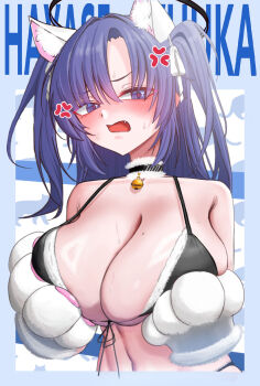 1girl alternate_breast_size_(larger) anger_vein animal_ears animal_hands bare_shoulders bell bikini black_bikini black_halo blue_archive blush breasts cat_ears cat_paws choker cleavage embarrassed fake_animal_ears fang front-tie_top fur-trimmed_bikini fur-trimmed_choker fur_trim gloves grabbing_own_breast halo highres large_breasts long_hair looking_at_viewer mechanical_halo mole mole_on_breast navel neck_bell open_mouth paw_gloves purple_eyes purple_hair red_pupils solo swimsuit twintails two_side_up yoonge_a yuuka_(blue_archive)