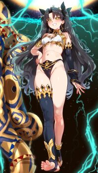 1girl absurdres bad_link bare_shoulders bikini black_hair blush breasts detached_sleeves dorsiflexion earrings ebora fate/grand_order fate_(series) feet full_body grin heavenly_boat_maanna highres hoop_earrings ishtar_(fate) jewelry legs long_hair looking_at_viewer mismatched_bikini navel neck_ring no_shoes single_detached_sleeve single_thighhigh smile soles solo stirrup_legwear swimsuit thighhighs toeless_legwear toes two_side_up yellow_eyes