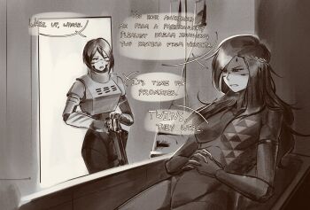 2girls android armor black_gloves black_hair commentary cyberpunk elster_(signalis) english_commentary falke_(signalis) gloves gun hair_between_eyes highres holding holding_gun holding_weapon joints luzaitis metal_skin multiple_girls nowhere_(signalis) penrose_triangle robot_girl robot_joints shoulder_armor signalis skin_seams spacecraft_interior weapon