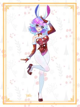 1girl absurdres animal_ears arm_up bare_shoulders blue_eyes blue_hair border bow bowtie breasts christmas commentary cottontail_(vtuber) detached_sleeves english_commentary full_body fur-trimmed_gloves fur-trimmed_leotard fur-trimmed_sleeves fur_trim gloves gradient_hair hair_between_eyes heterochromia high_heels highres indie_virtual_youtuber large_breasts leotard looking_at_viewer medium_hair multicolored_hair open_mouth ornate_border pantyhose patent_heels pink_hair pumps rabbit_ears red_bow red_bowtie red_eyes red_gloves red_leotard red_shoes red_sleeves santa_costume shoes signature solo standing standing_on_one_leg stiletto_heels virtual_youtuber white_pantyhose xarakura_xara