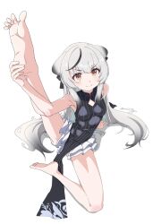 Rule 34 | 1girl, absurdres, animal ears, bare legs, bare shoulders, barefoot, black dress, black hair, blue archive, blush, breasts, diamond cutout, dress, full body, grey hair, highres, kokona (blue archive), leg up, long hair, looking at viewer, multicolored hair, no halo, orange eyes, papiyon1297, simple background, small breasts, smile, soles, solo, streaked hair, striped clothes, striped dress, tiger ears, tiger girl, toes, vertical-striped clothes, vertical-striped dress, white background, yoga