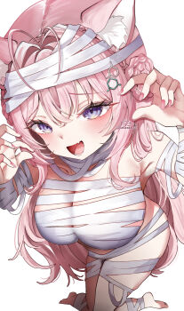 1girl absurdres animal_ears antenna_hair bandaged_arm bandaged_chest bandaged_head bandaged_leg bandaged_neck bandages blush braid braided_bun breasts cleavage collarbone commentary_request crown_braid double_bun eyelashes fang fingernails hair_bun hair_intakes hair_ornament hakui_koyori halloween highres hololive kneeling large_breasts long_hair looking_at_viewer nail_polish naked_bandage open_mouth pink_hair pink_nails purple_eyes sakurada_327 signature simple_background skin_fang smile solo teeth thighs tongue twitter_username virtual_youtuber white_background wolf_ears wolf_girl
