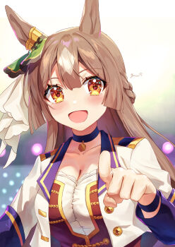 Rule 34 | 1girl, absurdres, animal ears, blush, bodice, braid, breasts, brown eyes, brown hair, choker, cleavage, commentary request, corset, cropped jacket, double-parted bangs, ear ornament, hair between eyes, half up braid, highres, horse ears, horse girl, jacket, large breasts, long hair, long sleeves, looking at viewer, multicolored hair, open mouth, pendant choker, pointing, pointing at viewer, purple choker, red corset, satono diamond (umamusume), shirt, smile, solo, starting future (umamusume), streaked hair, umamusume, very long hair, white jacket, white shirt, wristband, yoru usagi