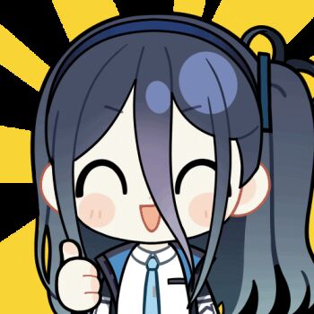 1girl :d ^_^ animated animated_gif aqua_necktie aris_(blue_archive) black_jacket blue_archive blue_hair blue_hairband blue_jacket blush_stickers chibi chunye_haruya closed_eyes collared_shirt disembodied_hand dot_nose facing_viewer hair_between_eyes hairband jacket long_bangs long_hair long_hair_between_eyes lowres multicolored_jacket necktie one_side_up open_clothes open_jacket open_mouth school_uniform second-party_source shirt simple_background smile solo sparkle sunburst sunburst_background thumbs_up transparent_background upper_body white_jacket white_shirt