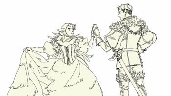 1boy 1girl aliasing bags_under_eyes belt bodice clothes_lift cowboy_shot dancing dress dress_lift dungeon_meshi elf fur_trim gloves hand_on_another&#039;s_hand highres hood kensuke_(dungeon_meshi) laios_touden long_hair looking_at_another marcille_donato marcille_donato_(lord) official_alternate_costume parted_lips pointy_ears puffy_sleeves rivaeri short_hair smile sword weapon white_background