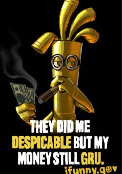 banknote black_background cigar cosplay despicable_me dollar_bill english_text fake_website gholdengo glasses highres ifunny mannimarcos meme minion_(despicable_me) minion_(despicable_me)_(cosplay) money nintendo pokemon pokemon_(creature) simple_background smoking solo