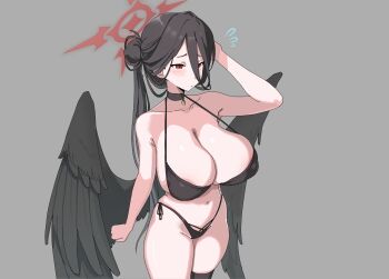 1girl areola_slip arm_behind_head bikini black_bikini black_choker black_hair black_wings blue_archive blush breasts choker cleavage feathered_wings grey_background hair_between_eyes halo hand_in_own_hair hasumi_(blue_archive) hasumi_(swimsuit)_(blue_archive) highleg highleg_bikini huge_breasts long_hair navel pendant_choker red_eyes side-tie_bikini_bottom side_bun solo standing stinko swimsuit thigh_strap wings