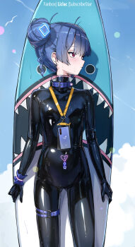 1girl blue_hair bodysuit breasts cloud cloudy_sky collar covered_navel double_bun hair_bun highres latex latex_bodysuit liclac loli looking_to_the_side medium_hair original phone red_eyes skin_tight skindentation sky small_breasts solo standing surfboard thigh_strap