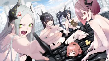 5girls absurdres anger_vein asymmetrical_horns bahamut_(nikke) behemoth_(nikke) black_hair black_horns black_liquid book brown_hair cloud cloudy_sky commentary_request fang four_beasts_(nikke) fune_(fune83ojj) goddess_of_victory:_nikke green_eyes grey_hair highres holding holding_book horns leviathan_(nikke) looking_at_viewer multiple_girls nude only_one_(nikke) purple_hair red_eyes rubber_duck sharp_teeth skin_fang sky teeth ziz_(nikke)