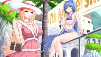 2girls :3 :d absurdres adapted_costume anniversary ass azur_lane bag bare_shoulders bikini blonde_hair blue_bikini blue_eyes blue_hair blue_sky bracelet breasts cleavage closed_mouth collarbone commentary cowboy_shot cross cross_necklace crossed_bangs day denim denim_shorts dress english_commentary flower frilled_dress frills green_nails hair_between_eyes hair_flower hair_intakes hair_ornament handbag hat heterochromatic_eyewear highres holding holding_bag jewelry large_breasts long_hair looking_at_viewer micro_shorts multiple_girls musanix navel necklace new_jersey_(azur_lane) new_jersey_(midsummer_leisure)_(azur_lane) official_alternate_costume on_railing open_mouth outdoors palm_tree pink_dress ponytail purple_eyes railing richelieu_(azur_lane) richelieu_(fleuron_of_the_waves)_(azur_lane) shorts sidelocks sitting sky sleeveless sleeveless_dress smile standing stomach sun_hat swept_bangs swimsuit teeth tinted_eyewear tree triangular_eyewear two-barred_cross upper_teeth_only v very_long_hair white_hat