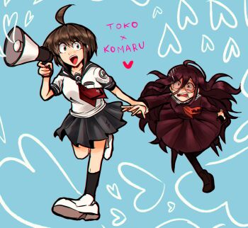 2girls ahoge black_hair black_shoes black_socks blue_background blue_sailor_collar blue_skirt breast_pocket collared_shirt commentary crossed_bangs danganronpa_(series) danganronpa_another_episode:_ultra_despair_girls english_commentary eyelashes fukawa_toko full_body glasses grabbing_another's_arm hair_between_eyes hair_ornament hairclip heart holding holding_megaphone long_hair long_sleeves megaphone mole mole_under_mouth multiple_girls neckerchief necktie open_mouth pocket purple_serafuku purple_shirt purple_skirt red_neckerchief red_necktie redrawn running sailor_collar school_uniform serafuku shirt shoes short_hair short_sleeves sidelocks simple_background skirt smile socialllinks socks teeth torn_clothes torn_neckerchief upper_teeth_only white_sailor_collar white_shirt white_shoes