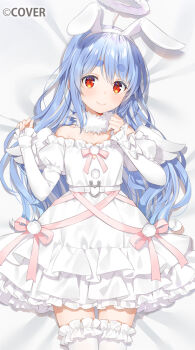 1girl alternate_costume angel angel_wings animal_ear_hairband animal_ears bed_sheet bow breasts closed_mouth commentary_request company_name copyright_notice dress extra_ears fake_animal_ears feather_collar frilled_dress frilled_thighhighs frills hairband halo hikimayu hololive juliet_sleeves light_blush light_smile long_hair long_sleeves looking_at_viewer lying multicolored_hair off-shoulder_dress off_shoulder official_art on_back on_bed orange_eyes pink_bow pink_ribbon pom_pom_(clothes) puffy_sleeves rabbit_ear_hairband rabbit_ears rabbit_girl ribbon short_dress short_eyebrows sleeves_past_wrists small_breasts solo strapless strapless_dress streaked_hair thick_eyebrows thighhighs usada_pekora virtual_youtuber white_dress white_hair white_thighhighs wings yuuki_hagure