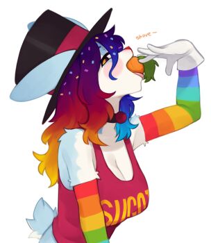 1girl bare_shoulders black_choker black_hat blush_stickers body_fur breasts carrot choker cleavage detached_sleeves ears_through_headwear from_side furry furry_female gloves hat large_breasts long_hair looking_at_viewer multicolored_hair original profile rabbit_tail rainbow_hair rainbow_print red_eyes simple_background solo swallowing tail tongue tongue_out top_hat upper_body white_fur white_gloves yoako