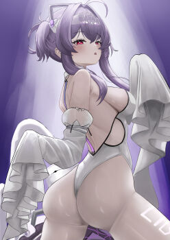 1girl absurdres ahoge alternate_breast_size_(larger) ass breasts commentary from_behind goddess_of_victory:_nikke highres leotard liberalio_(nikke) medium_breasts medium_hair purple_hair red_eyes sideboob small_chair_(xiaosaiyi33818) solo thighs triangle_mouth white_leotard