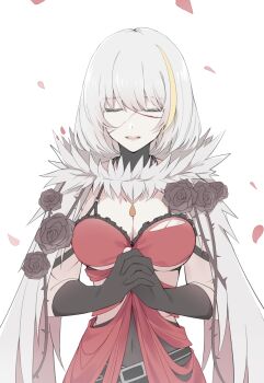 1girl black_flower black_gloves black_rose breasts cape chemise chinese_commentary cleavage code_vein commentary covered_navel dress eva_roux falling_petals flower fur-trimmed_cape fur_trim gloves guda_(15193248) highres jewelry large_breasts multicolored_hair necklace open_mouth own_hands_clasped own_hands_together petals praying red_dress rose scar scar_on_arm scar_on_face short_hair simple_background solo streaked_hair thorns upper_body white_background white_cape white_hair