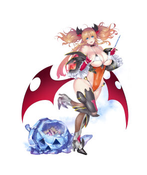 1girl alternate_costume artist_request blonde_hair breasts claw_pose cosplay demon_girl demon_girl_(cosplay) halloween halloween_costume highleg highleg_leotard highres huge_breasts impossible_clothes impossible_leotard jumping leotard official_alternate_costume onizaki_kirara open_mouth revealing_clothes shiny_skin solo standing standing_on_one_leg taimanin_(series) taimanin_rpgx thong_leotard twintails white_background wide_hips