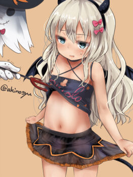 1girl akino_shuu artist_name black_skirt blue_eyes bow commentary_request cowboy_shot criss-cross_halter demon_horns demon_tail demon_wings fake_horns flat_chest grecale_(halloween)_(kancolle) grecale_(kancolle) grey_hair hair_bow halterneck horns jitome kantai_collection long_hair navel official_alternate_costume open_mouth pink_bow skirt solo_focus tail twitter_username wings