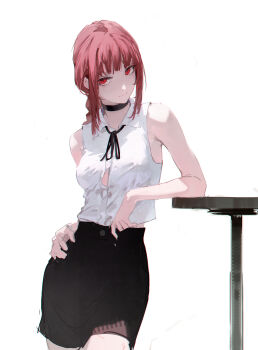 1girl absurdres arm_rest bare_arms bare_shoulders black_choker black_shorts braid braided_ponytail breasts button_gap chainsaw_man choker closed_mouth collared_shirt cosplay cowboy_shot dino_(dinoartforame) hand_on_own_hip highres light_smile long_hair makima_(chainsaw_man) red_eyes red_hair reze_(chainsaw_man) reze_(chainsaw_man)_(cosplay) ringed_eyes shirt shorts simple_background sleeveless sleeveless_shirt small_breasts solo white_background