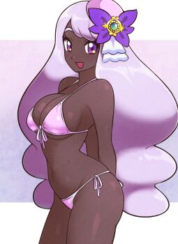 Rule 34 | 1girl, alternate breast size (larger), arms behind back, bikini, blush, breasts, cleavage, curvy, dark-skinned female, dark skin, eyelashes, glove bow, gloves, grey hair, highres, jacinthe (pokemon), jeff miga, jewelry, long hair, navel, nintendo, open mouth, pokemon, pokemon legends: z-a, purple eyes, purple skirt, sitting, skirt, smile, solo, standing, swimsuit, thong, thong bikini, tilted headwear, very dark skin, very long hair, white gloves, wide hips