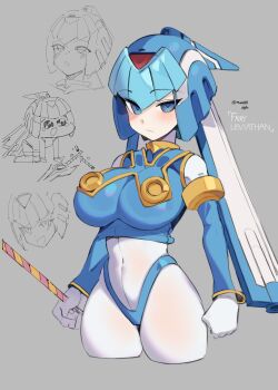 1girl absurdres android armor blue_eyes blue_helmet breasts commentary crop_top cropped_legs ddg160 english_commentary fairy_leviathan_(mega_man) fins forehead_jewel head_fins helmet highres large_breasts mega_man_(series) mega_man_zero_(series) robot robot_girl thick_thighs thighs