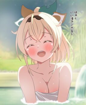 1girl ^_^ absurdres bathing blonde_hair blurry blurry_background blush breasts cleavage closed_eyes collarbone commentary_request facing_viewer highres hololive kazama_iroha medium_breasts naked_towel onsen open_mouth partially_submerged ponytail shinonome_sakura smile solo towel virtual_youtuber