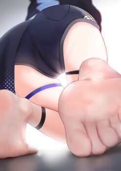 1girl ass ass_focus barefoot black_shorts blurry close-up feet foot_focus from_behind highres honkai:_star_rail honkai_(series) kneeling legs lower_body no_shoes rancidronin short_shorts shorts silver_wolf_(honkai:_star_rail) skindentation socks soles solo tail thigh_strap thighs toes white_background