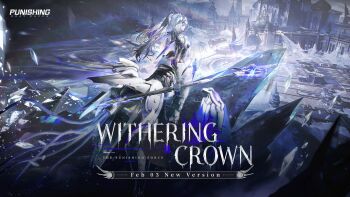 1girl breasts commentary english_commentary english_text from_behind grey_hair headgear highres holding holding_polearm holding_weapon logo long_hair mechanical_arms mechanical_legs medium_breasts official_art polearm punishing:_gray_raven rosetta:_arete_(pgr) rosetta_(pgr) solo standing taur weapon