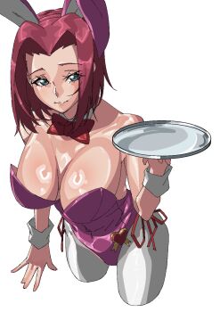 1girl animal_ears bare_shoulders blue_eyes bow breasts code_geass collarbone cuffs fake_animal_ears fake_bunny_ears female_focus highres holding holding_plate kouzuki_kallen large_breasts leotard paintedmike parted_bangs pink_leotard plate playboy_bunny red_bow red_hair simple_background smile strapless strapless_leotard white_background white_wrist_cuffs wrist_cuffs