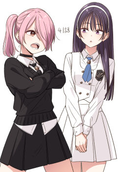 Rule 34 | 2girls, angry, black choker, black hair, black necktie, black shirt, black skirt, blue necktie, brown eyes, chapter number, choker, commentary request, confused, copyright name, cropped legs, crossed arms, hair between eyes, hairband, highres, houryuu shiori, idol x idol story!, jacket, long hair, long sleeves, looking at another, multiple girls, narrowed eyes, necktie, official art, open mouth, own hands together, pink hair, ponytail, purple eyes, purple hair, shirt, side ponytail, simple background, skirt, standing, straight hair, thick eyelashes, todoroki urara, tokunou shoutarou, white background, white hairband, white shirt, white skirt