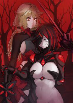 2girls absurdres black_hair blonde_hair breasts cursed_sword_(monster_girl_encyclopedia) dark_demon_realm_(monster_girl_encyclopedia) dead_tree demon_realm_(monster_girl_encyclopedia) dhampir dhampir_(monster_girl_encyclopedia) forest grey_eyes half-undead highres li0nri0n medium_breasts mixed_race mixed_species monster_girl monster_girl_encyclopedia monster_girl_encyclopedia_ii multicolored_hair multiple_girls nature pale_skin ponytail rapier red_eyes red_hair red_sky revealing_clothes short_hair shorts sideboob sky streaked_hair sword tree two-tone_hair undead vampire veins weapon