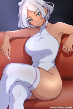 ahoge armpits blush breasts commentary_request curvy dark-skinned_female dark_skin fluffy_hair green_eyes gundam gundam_suisei_no_majo highres large_breasts leotard nekomiya_mizuki open_mouth secelia_dote shiny_skin skindentation striped_clothes striped_thighhighs thighhighs white_hair white_leotard white_nails white_thighhighs